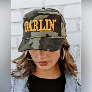 Darlin Camo Mesh Trucker Hat with Yellow Logo